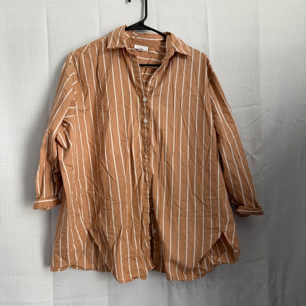 J. Jill Shirt Cotton Striped Button Down Oversized Relaxed Coastal Boho Tan‎ S